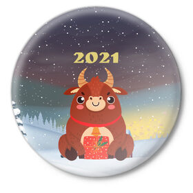 Значок с принтом Бык с подарками 2021 ,  металл | круглая форма, металлическая застежка в виде булавки | 2021 | 7 января | bull | newyear | santa | бык | быки | бычок | год быка | дед мороз | корова | новогодние каникулы | новогодние праздники | новый 2021 | новый год | новый год 2021 | рождество | сани | санта | санта клаус