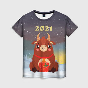 Женская футболка 3D с принтом Бык с подарками 2021 , 100% полиэфир ( синтетическое хлопкоподобное полотно) | прямой крой, круглый вырез горловины, длина до линии бедер | 2021 | 7 января | bull | newyear | santa | бык | быки | бычок | год быка | дед мороз | корова | новогодние каникулы | новогодние праздники | новый 2021 | новый год | новый год 2021 | рождество | сани | санта | санта клаус