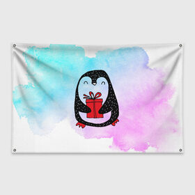 Флаг-баннер с принтом Милый пингвин с подарком , 100% полиэстер | размер 67 х 109 см, плотность ткани — 95 г/м2; по краям флага есть четыре люверса для крепления | 
