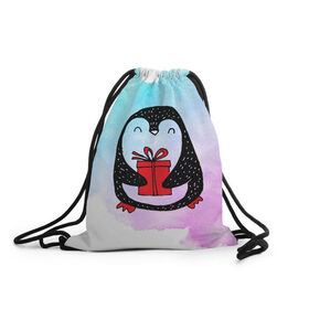 Рюкзак-мешок 3D с принтом Милый пингвин с подарком , 100% полиэстер | плотность ткани — 200 г/м2, размер — 35 х 45 см; лямки — толстые шнурки, застежка на шнуровке, без карманов и подкладки | 