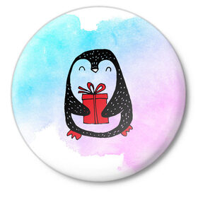 Значок с принтом Милый пингвин с подарком ,  металл | круглая форма, металлическая застежка в виде булавки | 