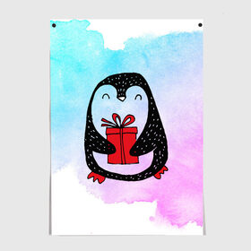 Постер с принтом Милый пингвин с подарком , 100% бумага
 | бумага, плотность 150 мг. Матовая, но за счет высокого коэффициента гладкости имеет небольшой блеск и дает на свету блики, но в отличии от глянцевой бумаги не покрыта лаком | 
