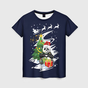 Женская футболка 3D с принтом Рождественская Панда , 100% полиэфир ( синтетическое хлопкоподобное полотно) | прямой крой, круглый вырез горловины, длина до линии бедер | 2021 | 21 | 2k21 | 2к21 | chrystmas | happy | lik | marry | new | panda | santa | snow | winter | xmas | year | год | годом | дед | елка | елки | клаус | лес | настроение | новогоднее | новогоднему | новый | новым | панда | по | рождество | с | 
