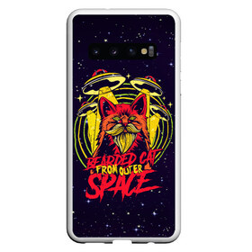 Чехол для Samsung Galaxy S10 с принтом Bearded cat from outer space , Силикон | Область печати: задняя сторона чехла, без боковых панелей | hipster | retro | vintage | борода | бородатый | винтаж | глубокий | из космоса | космический | космический корабль | космос | кот | котик | кошка | нло | пародия | пришельцы | ретро | старые фильмы | ужастик