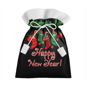 Подарочный 3D мешок с принтом Happy New Year! , 100% полиэстер | Размер: 29*39 см | Тематика изображения на принте: 2020 | 2021 | happy | new year | быка | гирлянда | дед мороз | елка | зеленый | игрушка | клаус | конфеты | нг | новый год | носок | перчатка | печенье | подарок | полосы | пряник | рождество | с | санта | сладости | снег