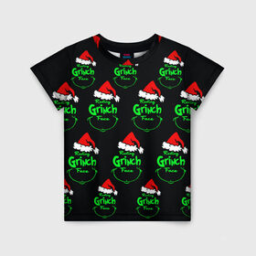 Детская футболка 3D с принтом Grinch Face , 100% гипоаллергенный полиэфир | прямой крой, круглый вырез горловины, длина до линии бедер, чуть спущенное плечо, ткань немного тянется | 2020 | 2021 | grinch | белая | год | гринч | елка | женская | зеленый | красная | мужская | мультфильм | надпись | нг | новый | подарок | полосы | праздник | рождества | свитер | сердце | смайл | фильм | шапка