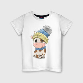 Детская футболка хлопок с принтом Милый бычок в шапочке , 100% хлопок | круглый вырез горловины, полуприлегающий силуэт, длина до линии бедер | 