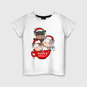 Детская футболка хлопок с принтом Новогодние быки в чашке , 100% хлопок | круглый вырез горловины, полуприлегающий силуэт, длина до линии бедер | 