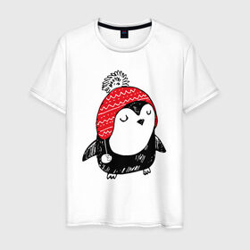 Мужская футболка хлопок с принтом Милый пингвин в шапочке , 100% хлопок | прямой крой, круглый вырез горловины, длина до линии бедер, слегка спущенное плечо. | Тематика изображения на принте: 