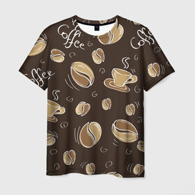 Мужская футболка 3D с принтом Кофейный узор с чашкой , 100% полиэфир | прямой крой, круглый вырез горловины, длина до линии бедер | коричневый | кофе | кофейный | кофеман | паттерн | узор | чашка