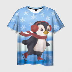 Мужская футболка 3D с принтом Пингвинчик на коньках , 100% полиэфир | прямой крой, круглый вырез горловины, длина до линии бедер | 2021 | зима | коньки | лёд | милый | новый год | пингвин | снег | снежинки | фигурное катание