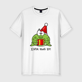 Мужская футболка хлопок Slim с принтом Лягушка - Хэпи нью ер , 92% хлопок, 8% лайкра | приталенный силуэт, круглый вырез ворота, длина до линии бедра, короткий рукав | английский | детский | ер | жаба | лягушка | новый год | нью | подарок | прикольная | рождественский | учитель | хэпи