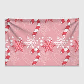 Флаг-баннер с принтом Новогодний узор с леденцом , 100% полиэстер | размер 67 х 109 см, плотность ткани — 95 г/м2; по краям флага есть четыре люверса для крепления | детская | красный | леденец | новогодняя | новый год | розовая | снежинки