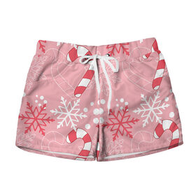 Женские шорты 3D с принтом Новогодний узор с леденцом , 100% полиэстер | прямой крой, два кармана без застежек по бокам. Мягкая трикотажная резинка на поясе, внутри которой широкие завязки. Длина до середины бедра | детская | красный | леденец | новогодняя | новый год | розовая | снежинки