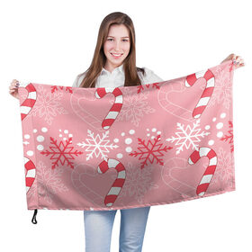 Флаг 3D с принтом Новогодний узор с леденцом , 100% полиэстер | плотность ткани — 95 г/м2, размер — 67 х 109 см. Принт наносится с одной стороны | детская | красный | леденец | новогодняя | новый год | розовая | снежинки