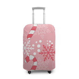 Чехол для чемодана 3D с принтом Новогодний узор с леденцом , 86% полиэфир, 14% спандекс | двустороннее нанесение принта, прорези для ручек и колес | детская | красный | леденец | новогодняя | новый год | розовая | снежинки