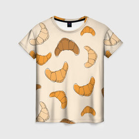 Женская футболка 3D с принтом Круассаны - Вкусный узор , 100% полиэфир ( синтетическое хлопкоподобное полотно) | прямой крой, круглый вырез горловины, длина до линии бедер | еда | завтрак | круассан | оранжевый | паттерн | рогалики | сладости | узор | фастфуд