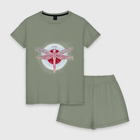 Женская пижама с шортиками хлопок с принтом Стрекоза , 100% хлопок | футболка прямого кроя, шорты свободные с широкой мягкой резинкой | dragonfly | круг | крылья | стрекоза