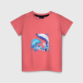 Детская футболка хлопок с принтом Акварельный кит , 100% хлопок | круглый вырез горловины, полуприлегающий силуэт, длина до линии бедер | акварель | вода | волны | кит | море | морское | рисунок | рыбы | стихия