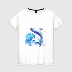 Женская футболка хлопок с принтом Акварельный кит , 100% хлопок | прямой крой, круглый вырез горловины, длина до линии бедер, слегка спущенное плечо | акварель | вода | волны | кит | море | морское | рисунок | рыбы | стихия