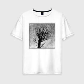 Женская футболка хлопок Oversize с принтом Дом на дереве , 100% хлопок | свободный крой, круглый ворот, спущенный рукав, длина до линии бедер
 | ветки | графика | дерево | дом | жуткий | мрачный | небо | одиночество | пасмурно | пустота