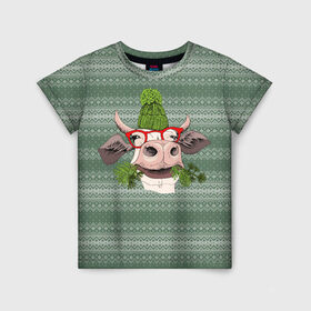 Детская футболка 3D с принтом Довольная корова , 100% гипоаллергенный полиэфир | прямой крой, круглый вырез горловины, длина до линии бедер, чуть спущенное плечо, ткань немного тянется | Тематика изображения на принте: 2021 | 7 января | bull | newyear | santa | бык | быки | бычок | год быка | дед мороз | корова | новогодние каникулы | новогодние праздники | новый 2021 | новый год | новый год 2021 | рождество | сани | санта | санта клаус