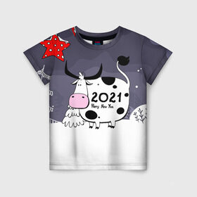Детская футболка 3D с принтом Корова 2021 , 100% гипоаллергенный полиэфир | прямой крой, круглый вырез горловины, длина до линии бедер, чуть спущенное плечо, ткань немного тянется | 2021 | 7 января | bull | newyear | santa | бык | быки | бычок | год быка | дед мороз | корова | новогодние каникулы | новогодние праздники | новый 2021 | новый год | новый год 2021 | рождество | сани | санта | санта клаус