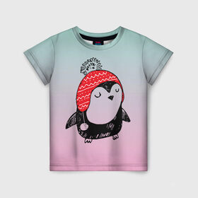 Детская футболка 3D с принтом Милый пингвин в шапочке , 100% гипоаллергенный полиэфир | прямой крой, круглый вырез горловины, длина до линии бедер, чуть спущенное плечо, ткань немного тянется | 