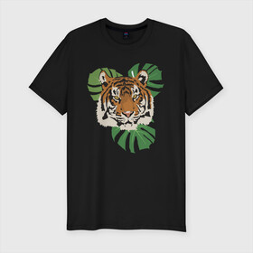 Мужская футболка хлопок Slim с принтом Тигр в джунглях , 92% хлопок, 8% лайкра | приталенный силуэт, круглый вырез ворота, длина до линии бедра, короткий рукав | nature | tiger | wild | wild animals | джунгли | дикие животные | дикий | животные | кошачьи | крупные кошки | полосатый | природа | тигр | тигр в джунглях | тигренок | тропики | хищник | хищные животные