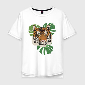 Мужская футболка хлопок Oversize с принтом Тигр в джунглях , 100% хлопок | свободный крой, круглый ворот, “спинка” длиннее передней части | nature | tiger | wild | wild animals | джунгли | дикие животные | дикий | животные | кошачьи | крупные кошки | полосатый | природа | тигр | тигр в джунглях | тигренок | тропики | хищник | хищные животные