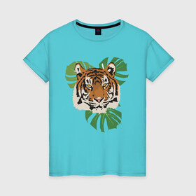 Женская футболка хлопок с принтом Тигр в джунглях , 100% хлопок | прямой крой, круглый вырез горловины, длина до линии бедер, слегка спущенное плечо | nature | tiger | wild | wild animals | джунгли | дикие животные | дикий | животные | кошачьи | крупные кошки | полосатый | природа | тигр | тигр в джунглях | тигренок | тропики | хищник | хищные животные