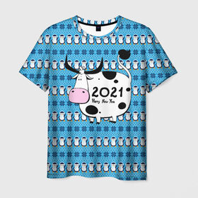 Мужская футболка 3D с принтом Корова 2021 , 100% полиэфир | прямой крой, круглый вырез горловины, длина до линии бедер | 2021 | 7 января | bull | newyear | santa | бык | быки | бычок | год быка | дед мороз | корова | новогодние каникулы | новогодние праздники | новый 2021 | новый год | новый год 2021 | рождество | сани | санта | санта клаус