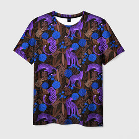 Мужская футболка 3D с принтом Purple Leopards , 100% полиэфир | прямой крой, круглый вырез горловины, длина до линии бедер | 