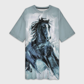 Платье-футболка 3D с принтом нарисованный конь ,  |  | horse | horseshoe | акварель | головалошади | грива | жеребец | животные | конь | лошадь | лошадьскрыльями | подкова | природа | рисуноккрасками