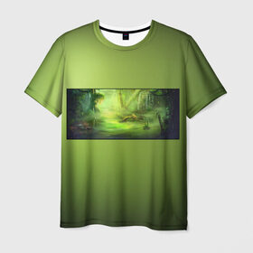 Мужская футболка 3D с принтом Solar swamp Солнечное Болото , 100% полиэфир | прямой крой, круглый вырез горловины, длина до линии бедер | болотный | зеленый | зеленый фон | солнечный