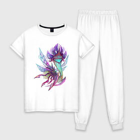 Женская пижама хлопок с принтом Фэнтези насекомое , 100% хлопок | брюки и футболка прямого кроя, без карманов, на брюках мягкая резинка на поясе и по низу штанин | creature | fantazy | flower | насекомое | фэнтези | цветы | цифровой рисунок