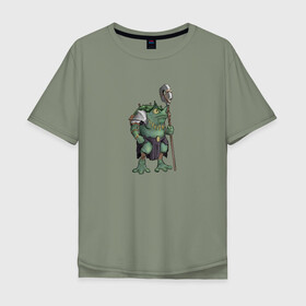 Мужская футболка хлопок Oversize с принтом Воин жабалюд , 100% хлопок | свободный крой, круглый ворот, “спинка” длиннее передней части | frog | green | staff | warrior | воин | жаба | зеленый | ил | посох