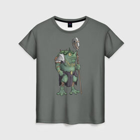 Женская футболка 3D с принтом Жабалюд войн , 100% полиэфир ( синтетическое хлопкоподобное полотно) | прямой крой, круглый вырез горловины, длина до линии бедер | Тематика изображения на принте: frog | green | staff | warrior | воин | жаба | зеленый | ил | посох