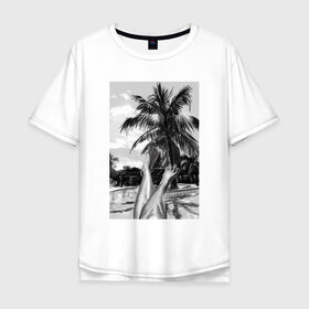 Мужская футболка хлопок Oversize с принтом Summer day Летний день , 100% хлопок | свободный крой, круглый ворот, “спинка” длиннее передней части | лето | ноги | пальмы | черный и белый
