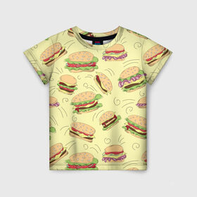 Детская футболка 3D с принтом Узор с бургерами , 100% гипоаллергенный полиэфир | прямой крой, круглый вырез горловины, длина до линии бедер, чуть спущенное плечо, ткань немного тянется | бургер | гамбургер | еда | желтый | паттерн | узор | фастфуд