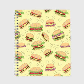 Тетрадь с принтом Узор с бургерами , 100% бумага | 48 листов, плотность листов — 60 г/м2, плотность картонной обложки — 250 г/м2. Листы скреплены сбоку удобной пружинной спиралью. Уголки страниц и обложки скругленные. Цвет линий — светло-серый
 | Тематика изображения на принте: бургер | гамбургер | еда | желтый | паттерн | узор | фастфуд
