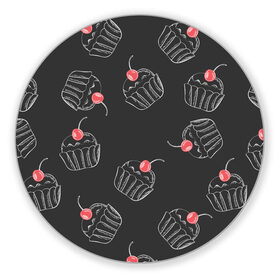 Коврик для мышки круглый с принтом Капкейки с вишенкой , резина и полиэстер | круглая форма, изображение наносится на всю лицевую часть | белый | вишенка | вкусняшка | еда | капкейк | мел | паттерн | пирожок | сладости | узор | черный