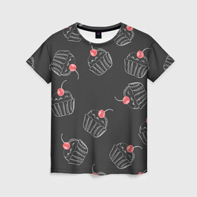 Женская футболка 3D с принтом Капкейки с вишенкой , 100% полиэфир ( синтетическое хлопкоподобное полотно) | прямой крой, круглый вырез горловины, длина до линии бедер | белый | вишенка | вкусняшка | еда | капкейк | мел | паттерн | пирожок | сладости | узор | черный