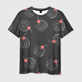 Мужская футболка 3D с принтом Капкейки с вишенкой , 100% полиэфир | прямой крой, круглый вырез горловины, длина до линии бедер | Тематика изображения на принте: белый | вишенка | вкусняшка | еда | капкейк | мел | паттерн | пирожок | сладости | узор | черный