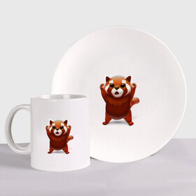 Набор: тарелка + кружка с принтом Красная панда , керамика | Кружка: объем — 330 мл, диаметр — 80 мм. Принт наносится на бока кружки, можно сделать два разных изображения. 
Тарелка: диаметр - 210 мм, диаметр для нанесения принта - 120 мм. | Тематика изображения на принте: big eyes | cute | red panda | большие глаза | красная панда | милаха