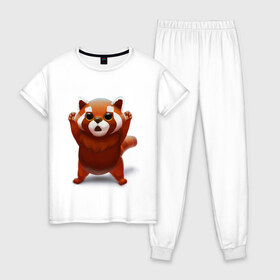 Женская пижама хлопок с принтом Красная панда , 100% хлопок | брюки и футболка прямого кроя, без карманов, на брюках мягкая резинка на поясе и по низу штанин | Тематика изображения на принте: big eyes | cute | red panda | большие глаза | красная панда | милаха