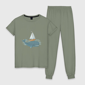Женская пижама хлопок с принтом Кит , 100% хлопок | брюки и футболка прямого кроя, без карманов, на брюках мягкая резинка на поясе и по низу штанин | кит | лодка | море | морские жители | океан | яхта
