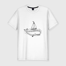 Мужская футболка хлопок Slim с принтом Кит , 92% хлопок, 8% лайкра | приталенный силуэт, круглый вырез ворота, длина до линии бедра, короткий рукав | кит | лодка | море | морские жители | океан | яхта