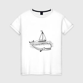 Женская футболка хлопок с принтом Кит , 100% хлопок | прямой крой, круглый вырез горловины, длина до линии бедер, слегка спущенное плечо | кит | лодка | море | морские жители | океан | яхта