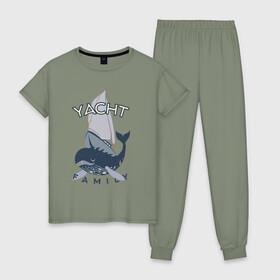 Женская пижама хлопок с принтом Yacht Family , 100% хлопок | брюки и футболка прямого кроя, без карманов, на брюках мягкая резинка на поясе и по низу штанин | кит | лодка | море | морские жители | океан | яхта